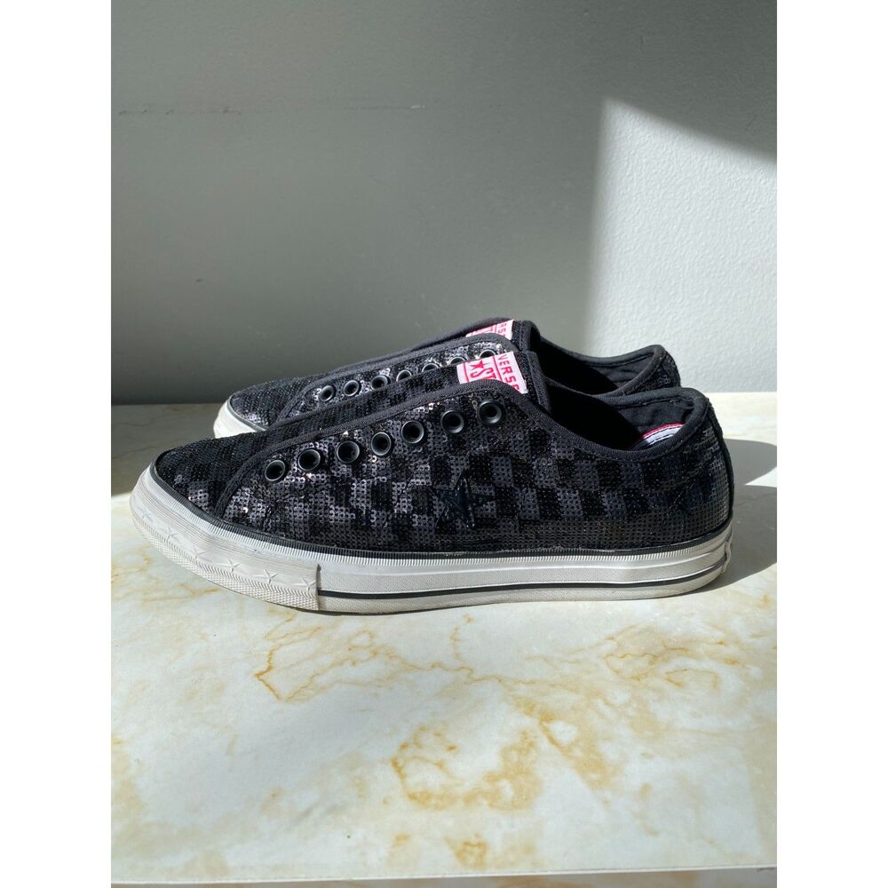 Converse One Star Sneakers Size 10 Sneakers Shoe Black Checkered Sequin Slip On